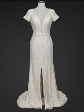 Galina Womens Dress 6 Ivory Lace Illusion Deep V Neck Cap Sleeve Slit Wedding